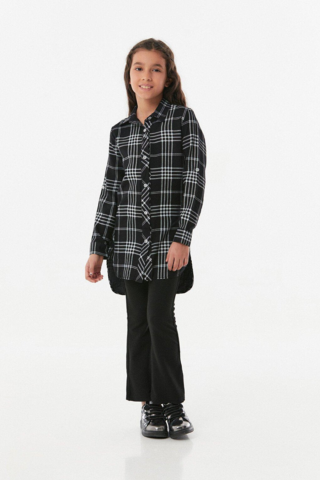 Plaid Patterned Fold Sleeve Girl's Shirt