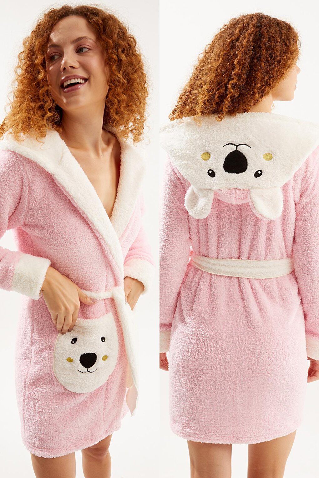 Women's Pink and White Garnished Teddy Bear Embroidered Hooded Short Dressing Gown