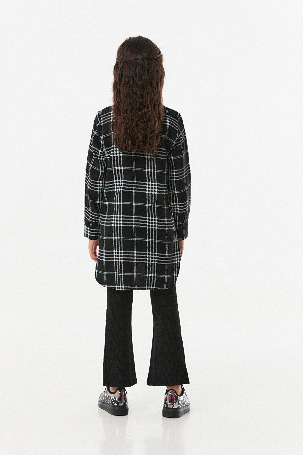 Plaid Patterned Fold Sleeve Girl's Shirt