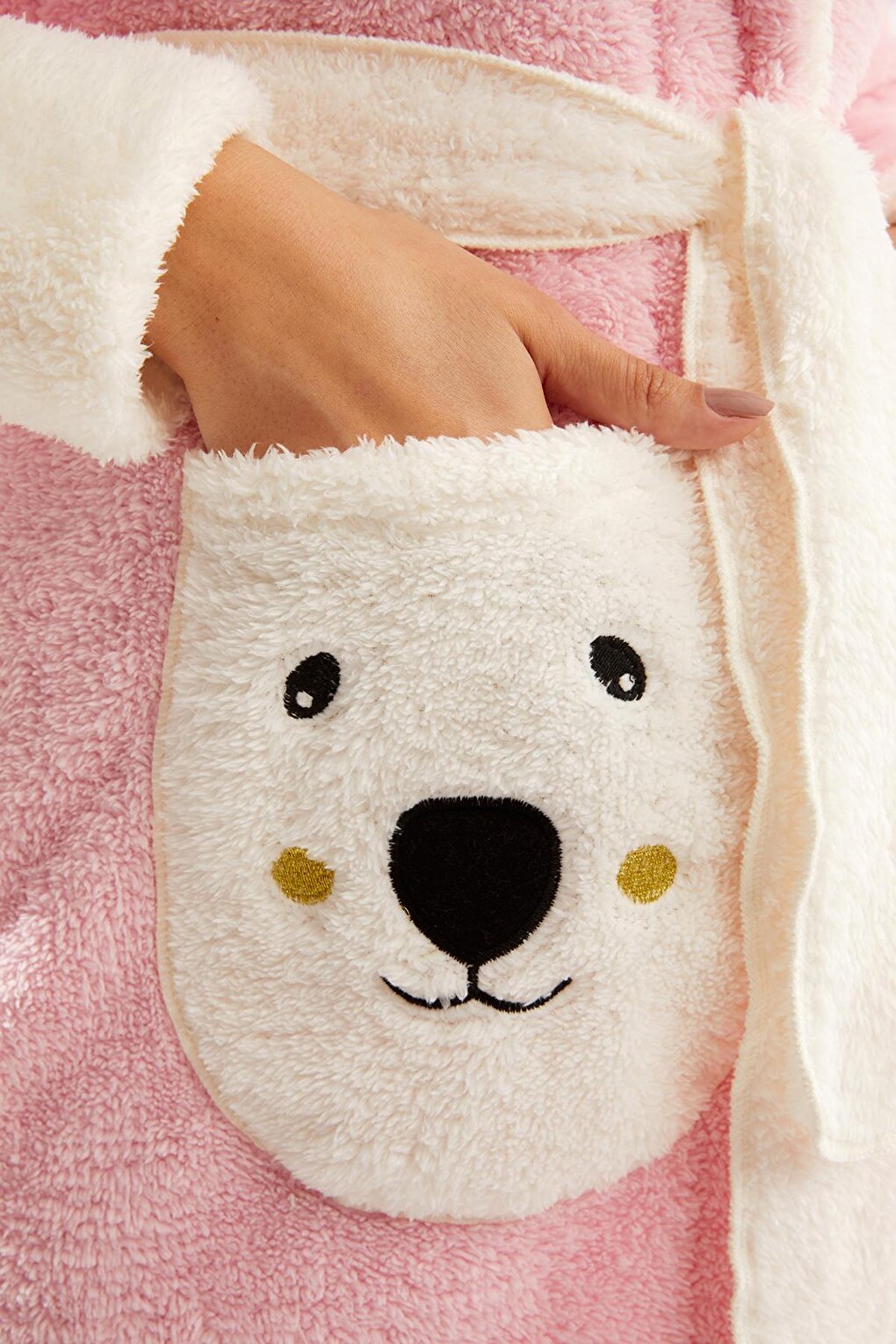 Women's Pink and White Garnished Teddy Bear Embroidered Hooded Short Dressing Gown