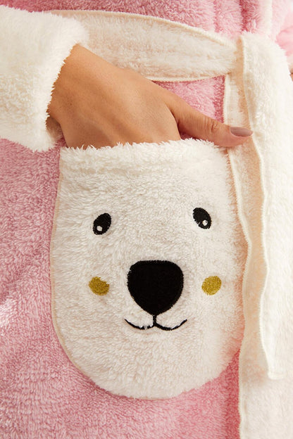 Women's Pink and White Garnished Teddy Bear Embroidered Hooded Short Dressing Gown