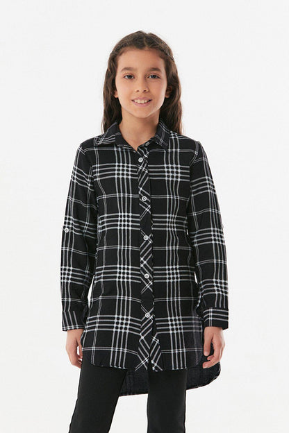 Plaid Patterned Fold Sleeve Girl's Shirt