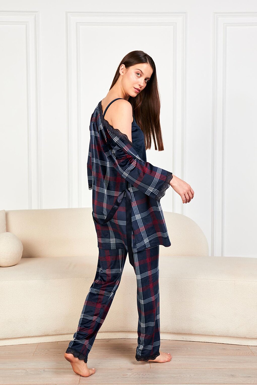 Navy Blue Plaid Soft Velvet Three Quarter Sleeve Rope Suspended Trousers 3-Piece Pajama Set