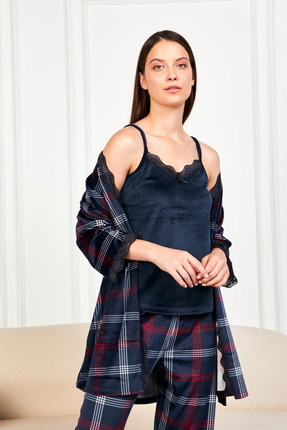 Navy Blue Plaid Soft Velvet Three Quarter Sleeve Rope Suspended Trousers 3-Piece Pajama Set