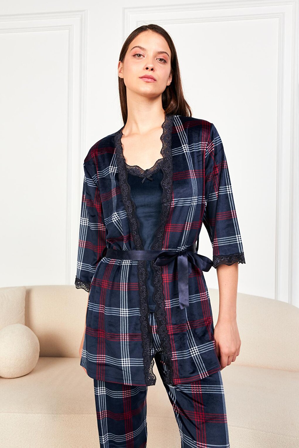 Navy Blue Plaid Soft Velvet Three Quarter Sleeve Rope Suspended Trousers 3-Piece Pajama Set