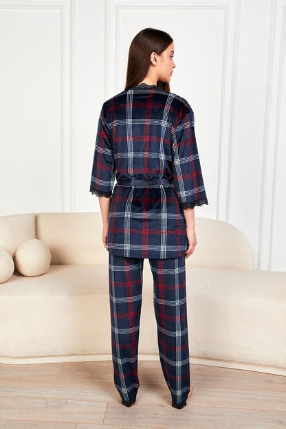 Navy Blue Plaid Soft Velvet Three Quarter Sleeve Rope Suspended Trousers 3-Piece Pajama Set