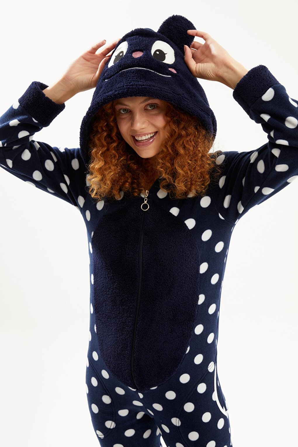 Women's Navy Blue Teddy Bear Polka Dot Back Zipper Fleece Jumpsuit