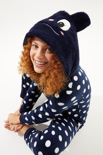 Women's Navy Blue Teddy Bear Polka Dot Back Zipper Fleece Jumpsuit