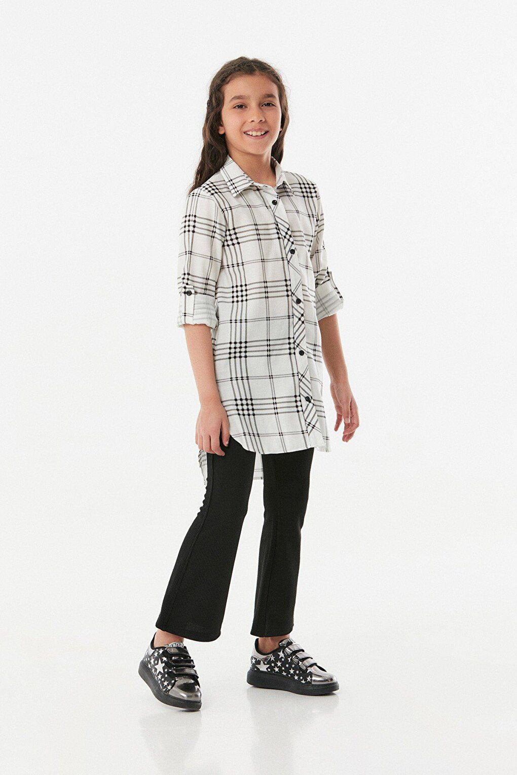 Plaid Patterned Girl's Shirt with Folded Sleeves