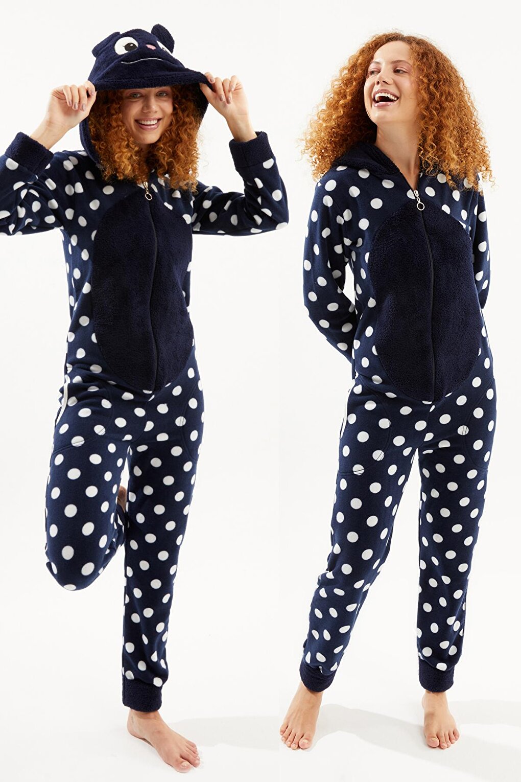 Women's Navy Blue Teddy Bear Polka Dot Back Zipper Fleece Jumpsuit