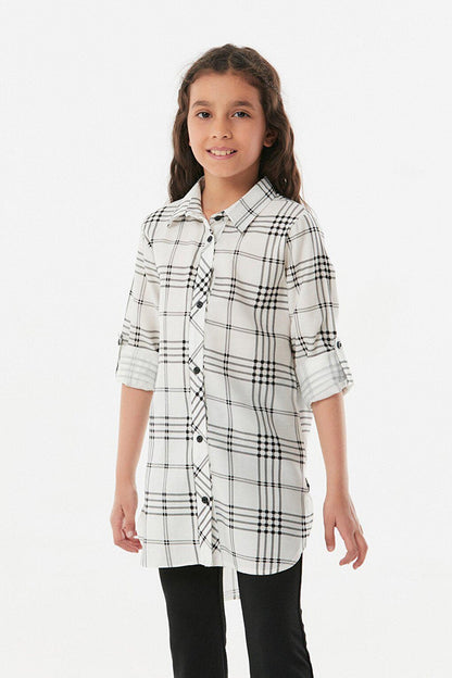 Plaid Patterned Girl's Shirt with Folded Sleeves