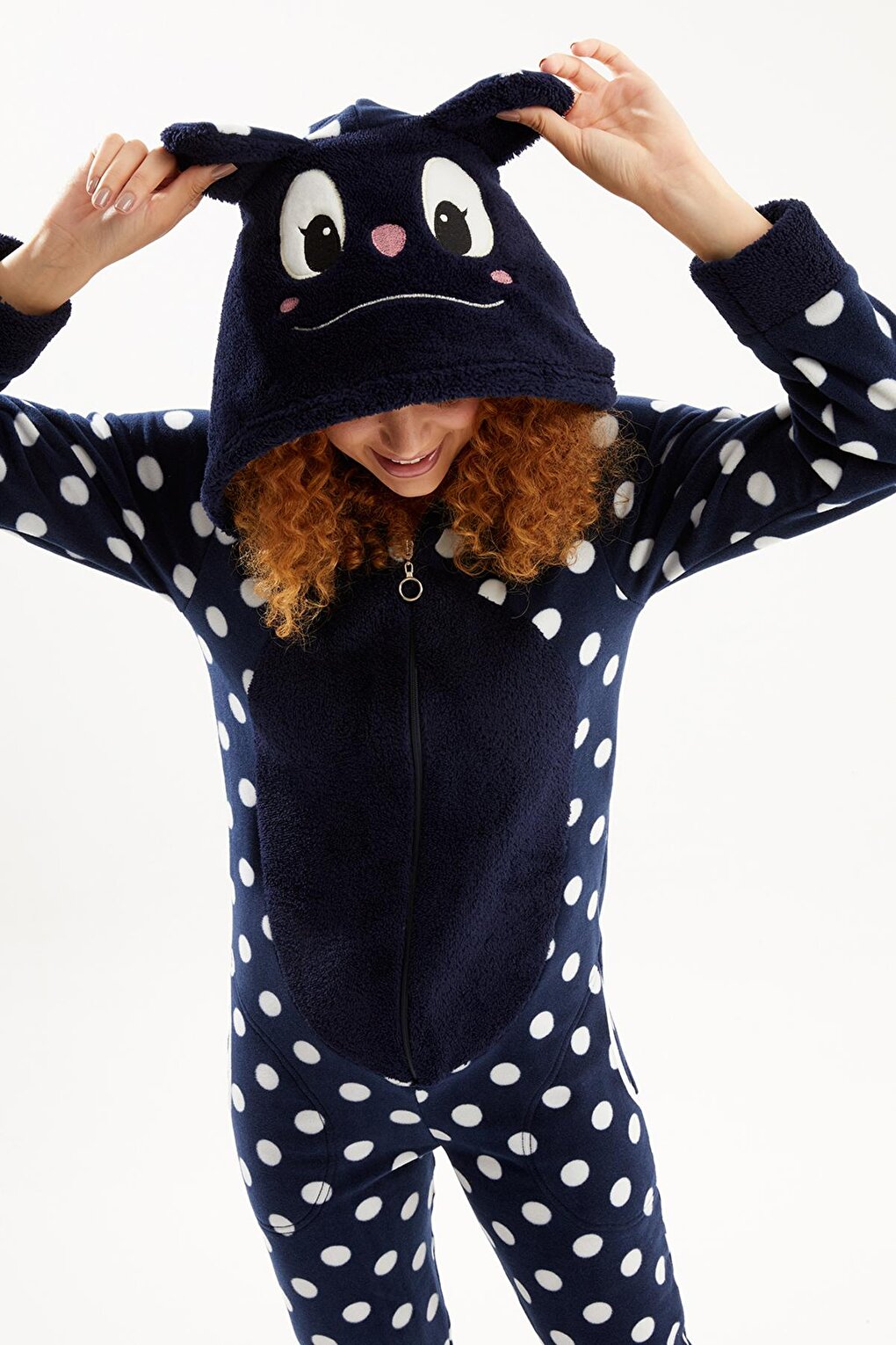 Women's Navy Blue Teddy Bear Polka Dot Back Zipper Fleece Jumpsuit