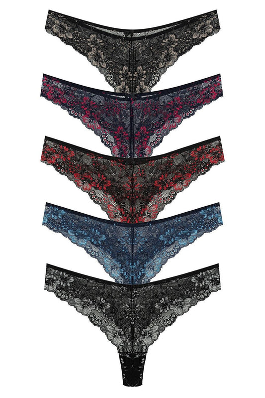 Double Color Lace High Waist Brazilian Women's Thong Panties 5-pack