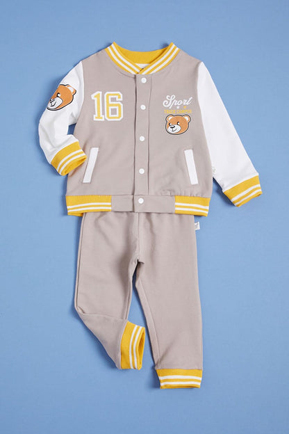 Gray Teddy Bear Printed Baby Boy Suit with College Jacket 16185