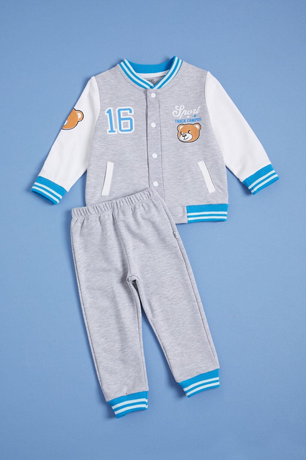 Beige Teddy Bear Printed Baby Boy Suit with College Jacket 16183