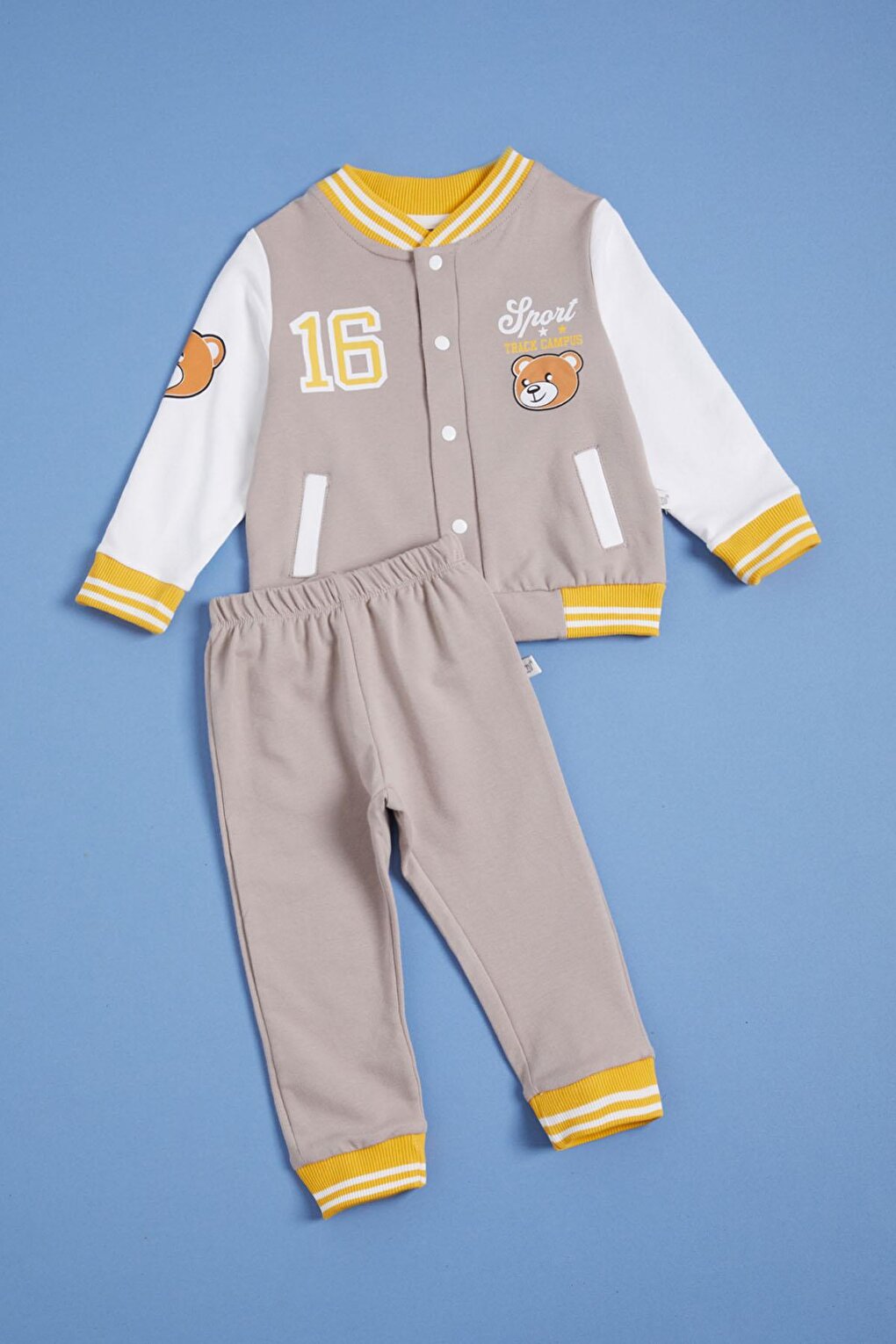 Gray Teddy Bear Printed Baby Boy Suit with College Jacket 16185