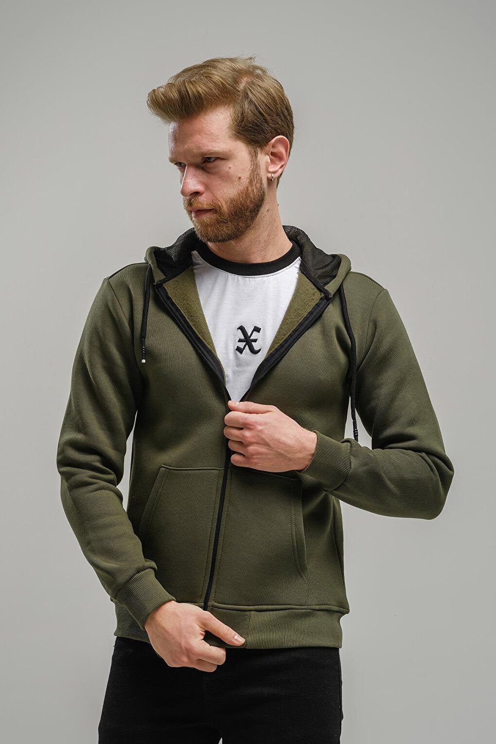 Regnault Three Thread Cotton Hooded Zippered Sweatshirt with Mesh Detail