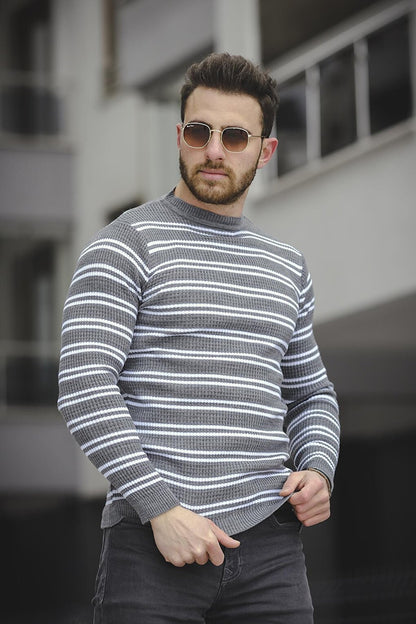 Striped Slim Fit Body Crew Neck Men's Knitwear Sweater