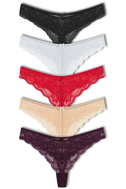 Lace High Waist Brazilian Women's Thong Panties 5-Piece