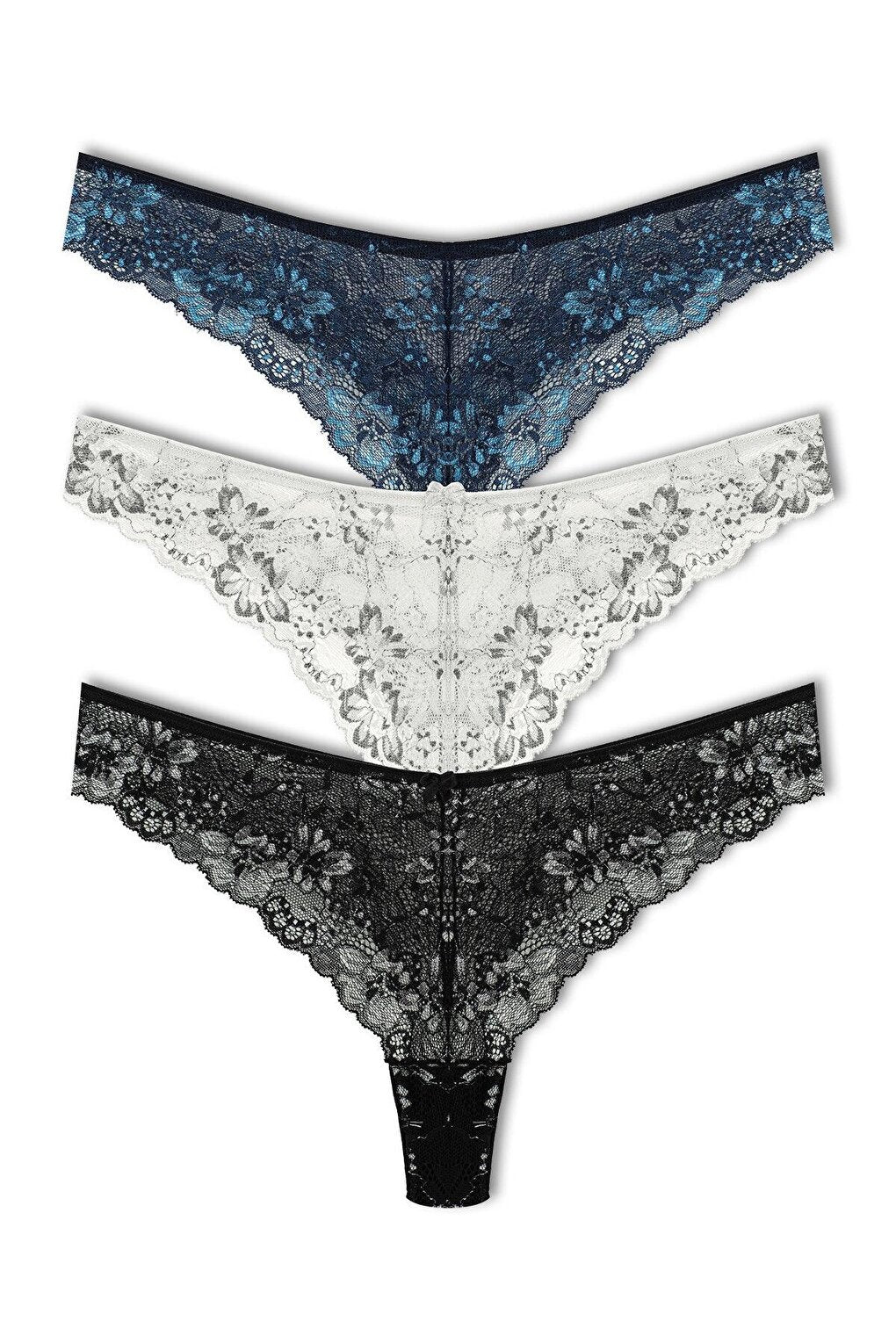 Double Color Lace High Waist Brazil Women's Thong Panties 3-Piece