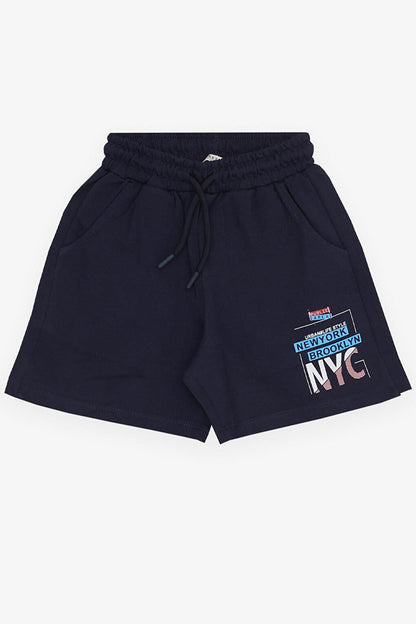 Boy's Shorts Text Printed Lace Up Pocket Navy Blue (3-7 Years)