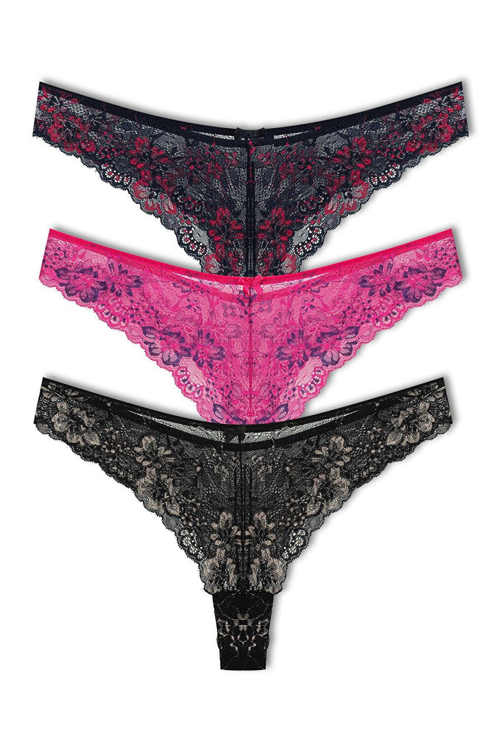 Double Color Lace High Waist Brazil Women's Thong Panties 3-Piece