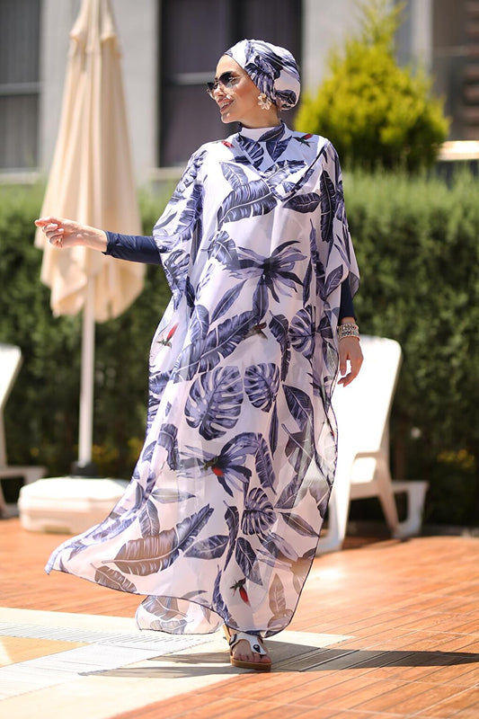 Patterned Single Kaftan Pareo Blue Leaves on Hijab Swimsuit