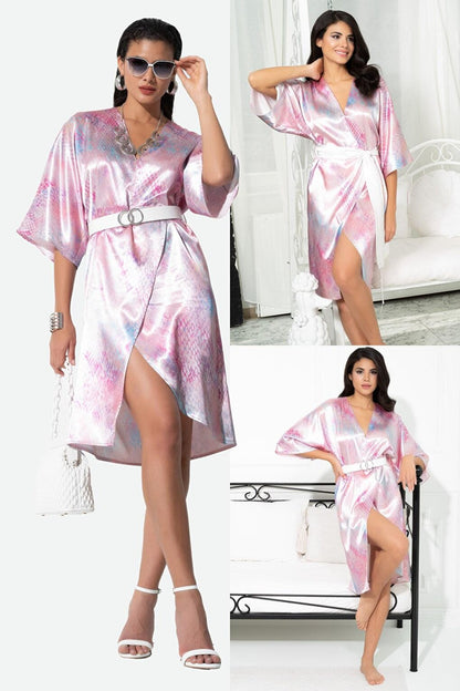 V-Neck Snake Pattern Belted Pink Dressing Gown