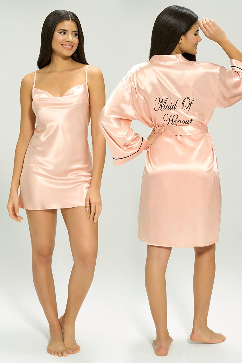 2-Piece Satin Made of Honor Embroidered Bridesmaid Nightgown Dressing Gown