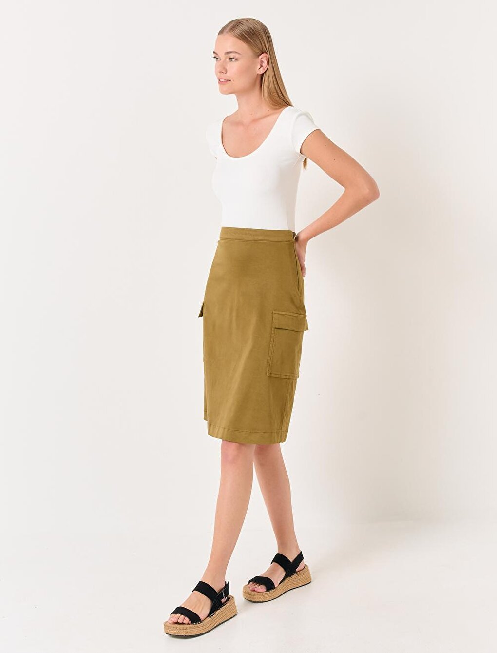 Dark Khaki Normal Waist Gabardine Pocket Midi Skirt