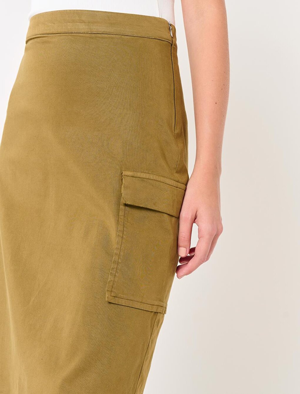 Dark Khaki Normal Waist Gabardine Pocket Midi Skirt