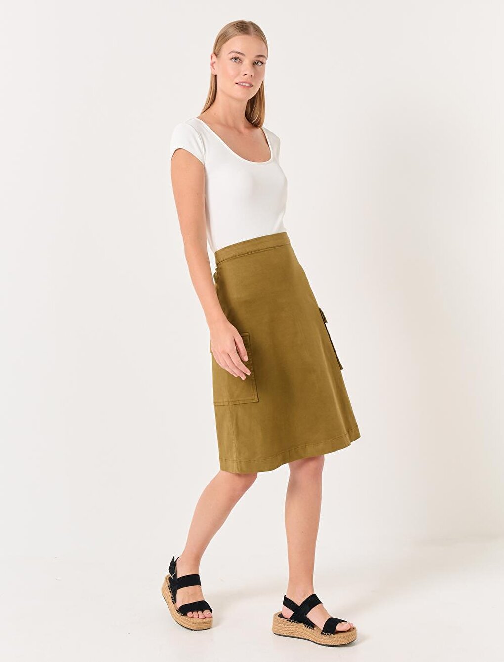 Dark Khaki Normal Waist Gabardine Pocket Midi Skirt