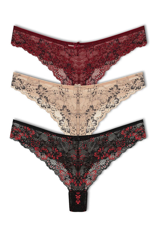 Double Color Lace High Waist Brazil Women's Thong Panties 3-Piece