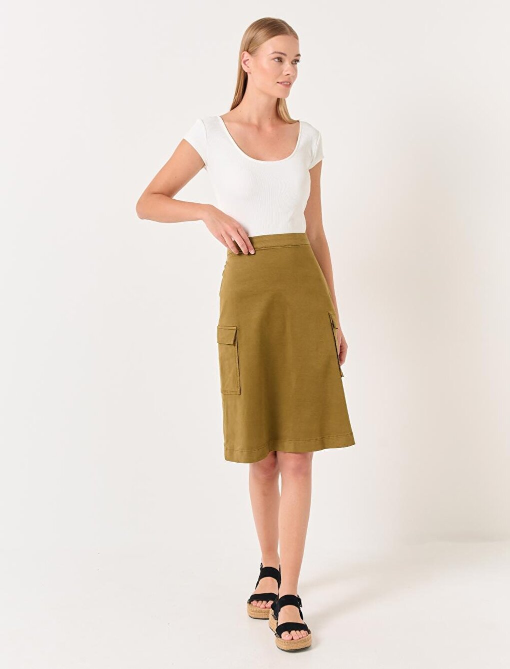 Dark Khaki Normal Waist Gabardine Pocket Midi Skirt