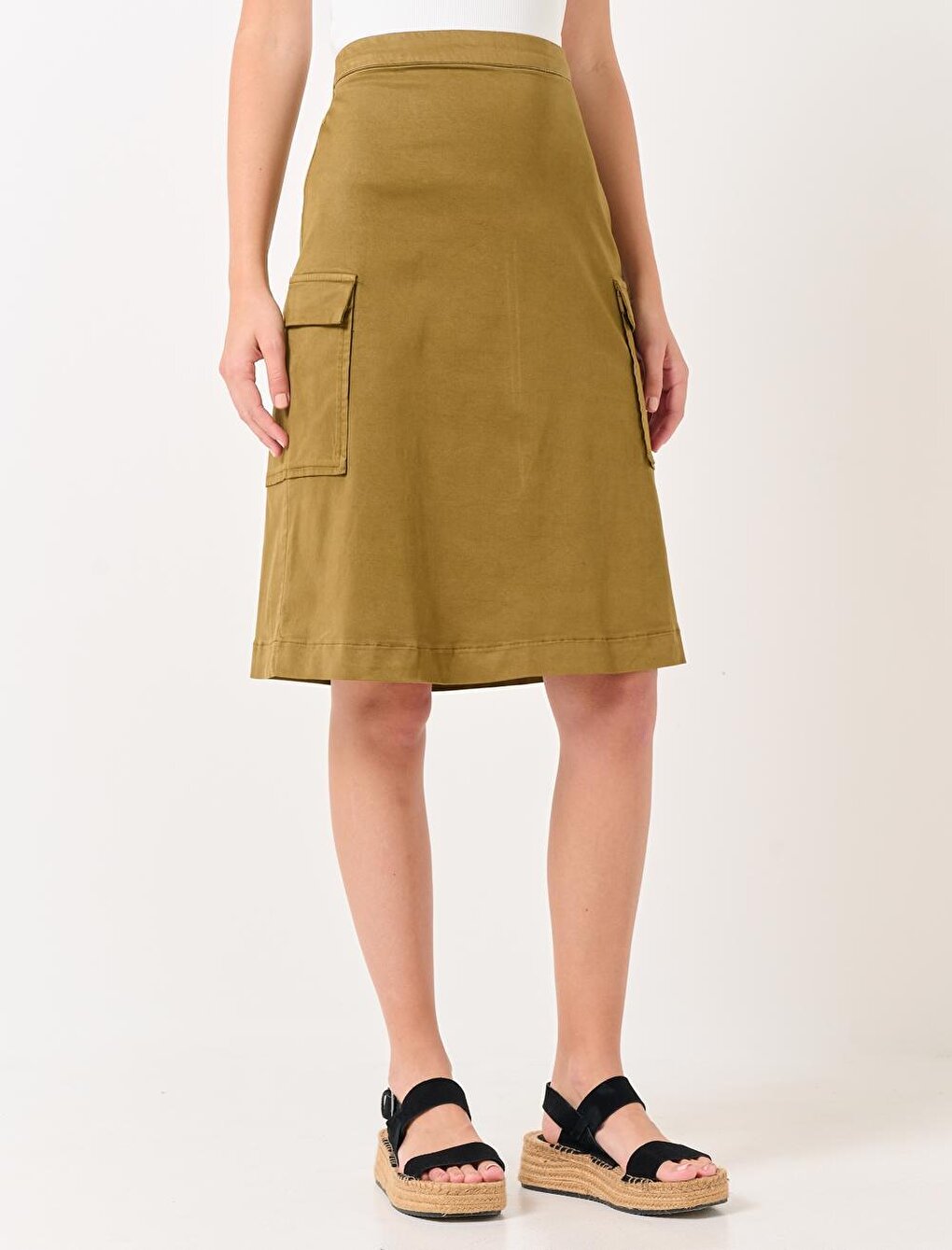 Dark Khaki Normal Waist Gabardine Pocket Midi Skirt