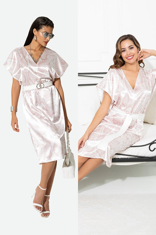 V-Neck Snake Pattern Belted Pink Satin Dressing Gown