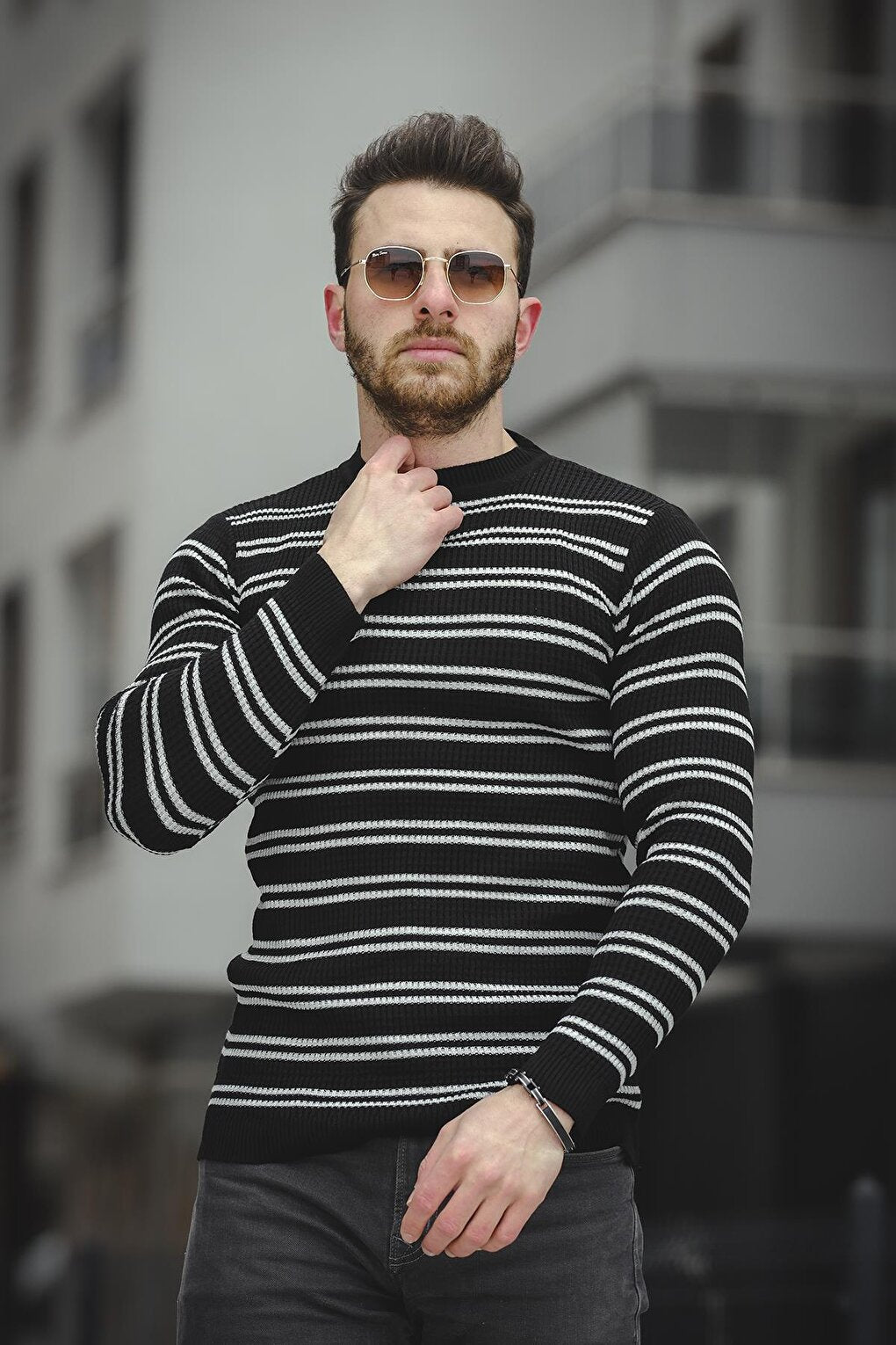 Striped Slim Fit Body Crew Neck Men's Knitwear Sweater