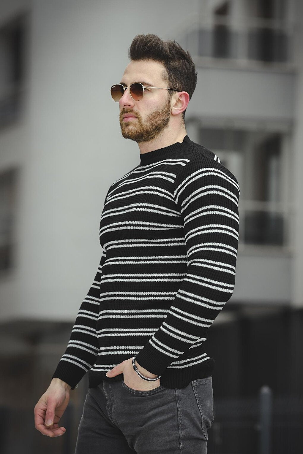 Striped Slim Fit Body Crew Neck Men's Knitwear Sweater