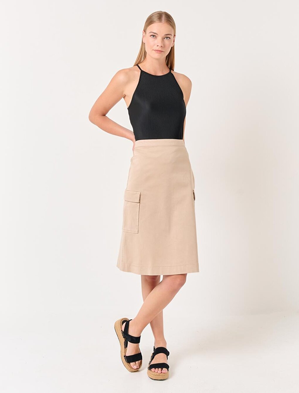 Stone Normal Waist Gabardine Pocket Midi Skirt