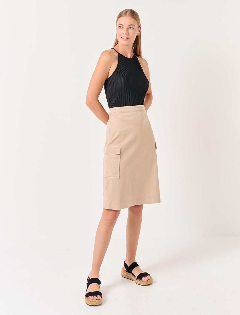 Stone Normal Waist Gabardine Pocket Midi Skirt