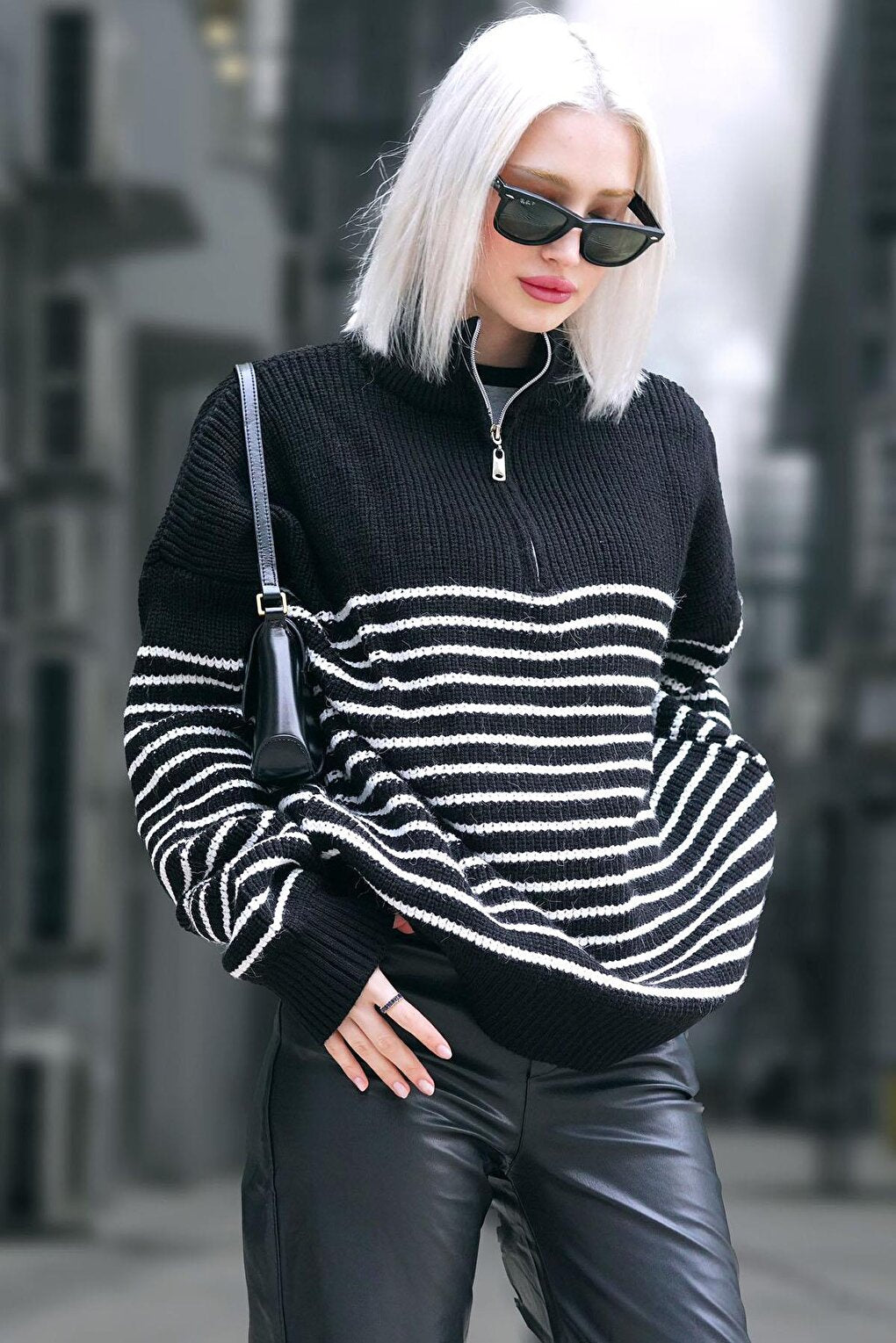 Black Zippered Striped Women's Sweater MG1261