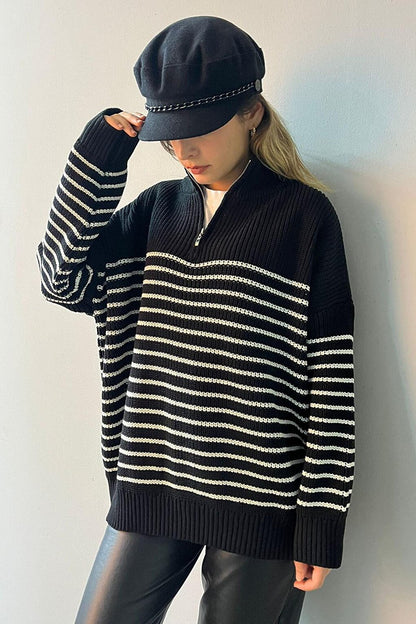 Black Zippered Striped Women's Sweater MG1261