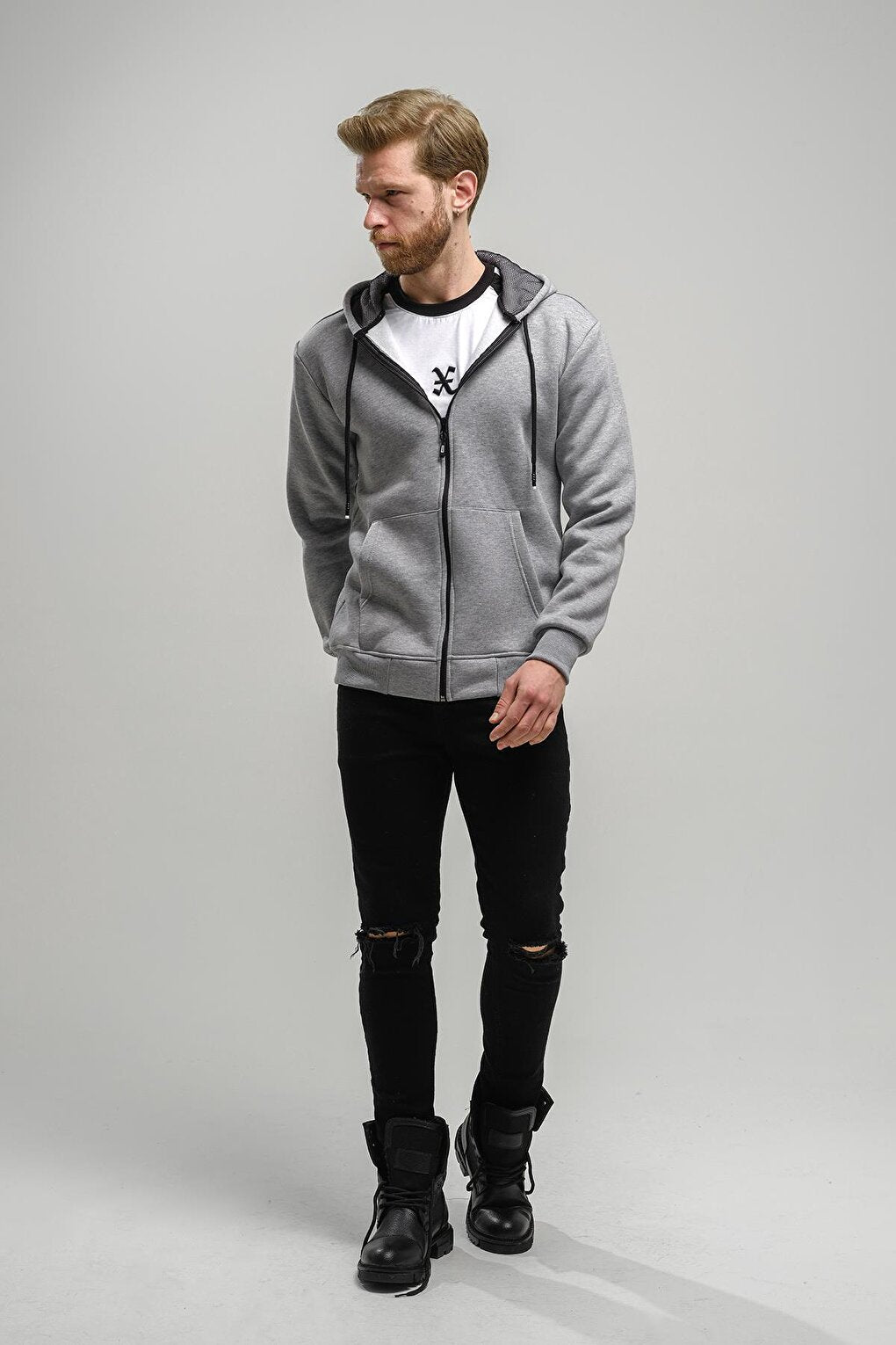 Regnault Three Thread Cotton Hooded Zippered Sweatshirt with Mesh Detail