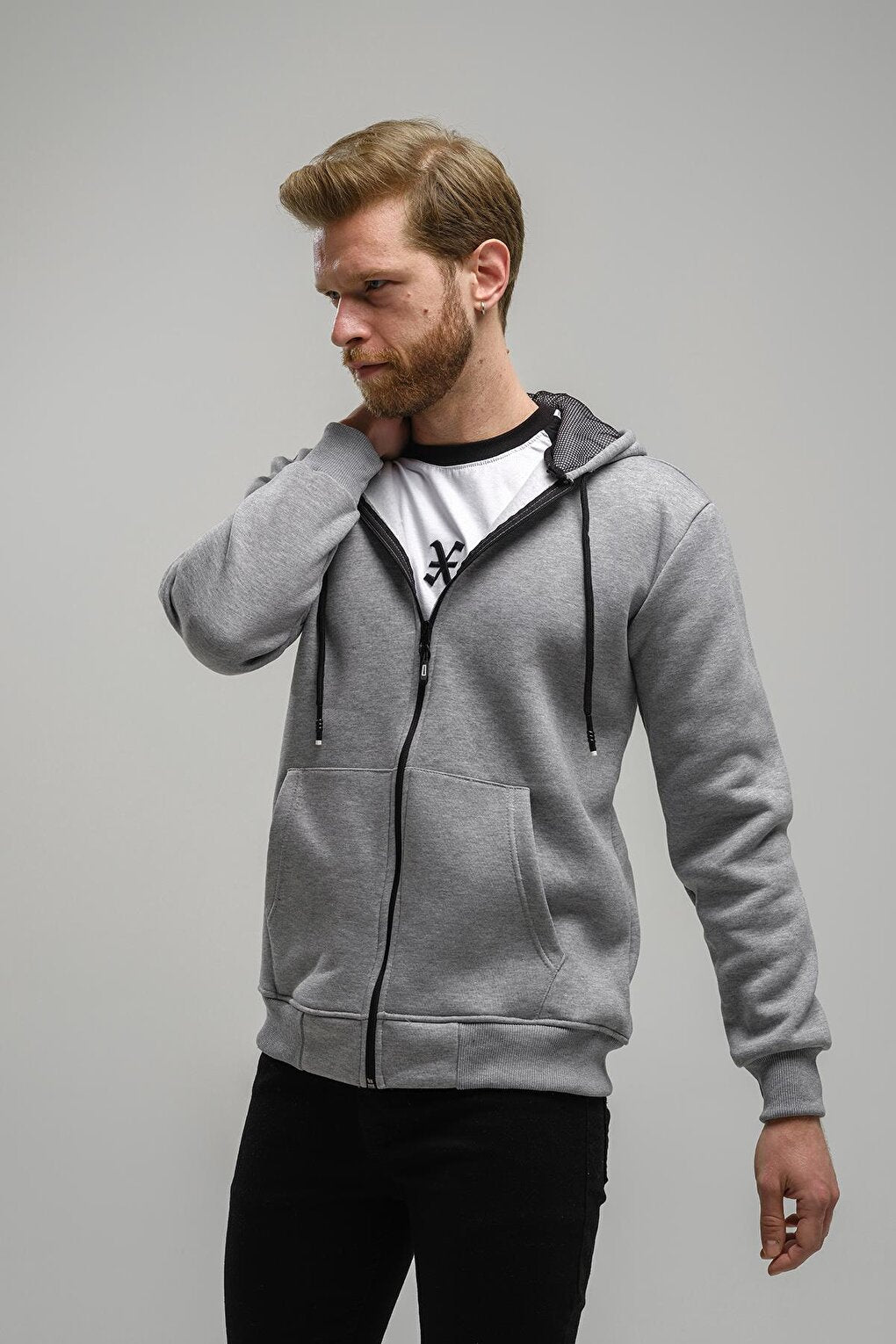 Regnault Three Thread Cotton Hooded Zippered Sweatshirt with Mesh Detail