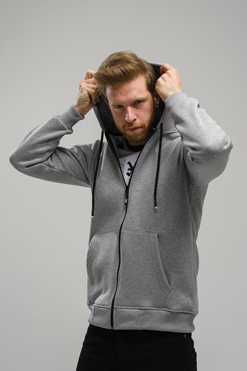 Regnault Three Thread Cotton Hooded Zippered Sweatshirt with Mesh Detail