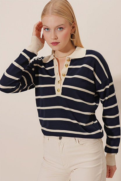 Polo Neck Gold Button Striped Knitwear BLOUSE