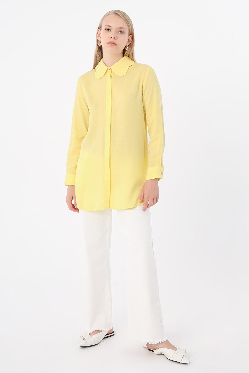 Light Yellow Viscose Collar Detailed Stylish Buttoned Shirt Tunic