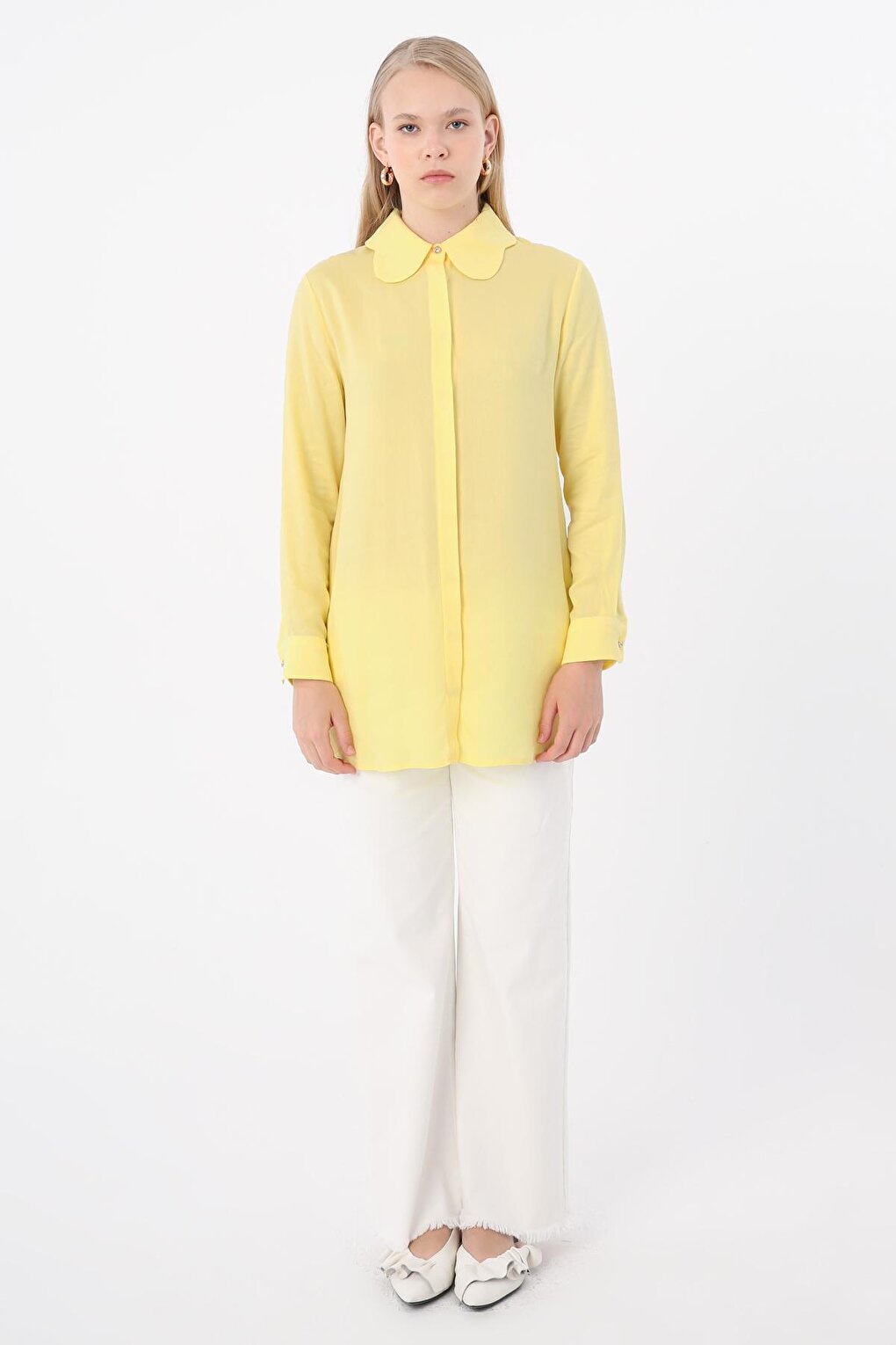 Light Yellow Viscose Collar Detailed Stylish Buttoned Shirt Tunic