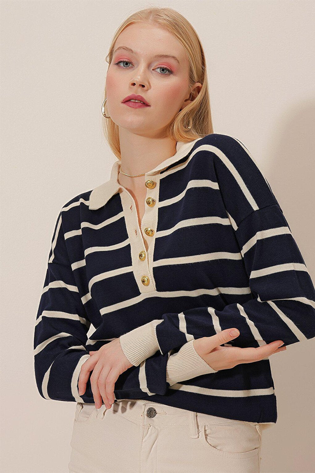 Polo Neck Gold Button Striped Knitwear BLOUSE