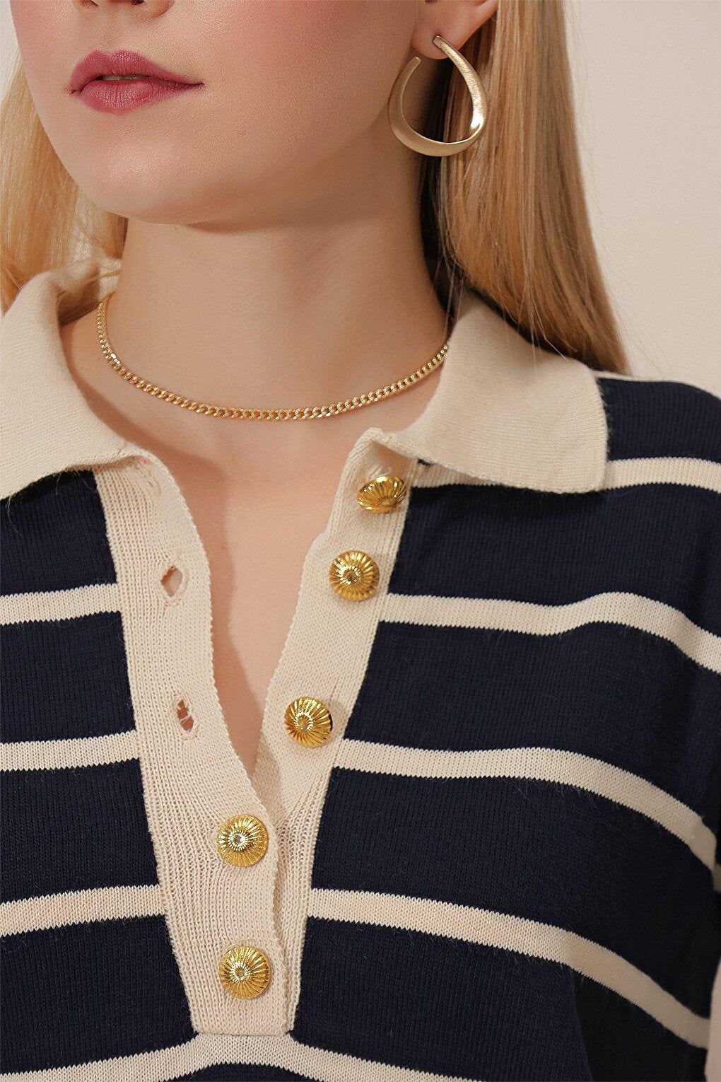 Polo Neck Gold Button Striped Knitwear BLOUSE